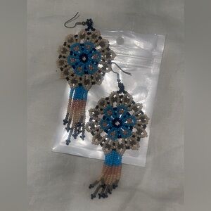 Handcrafted Beaded Earrings - Blue and Tan